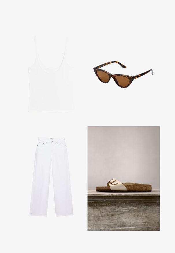 Witte mouwloze crop top met dunne schouderbandjes en een ronde halslijn, getoond tegen een effen achtergrond.; Witte jeans met hoge taille en wijde pijpen, voorzien van knoop- en ritssluiting, voor- en achterzakken, en zilverkleurige klinknageldetails.; Slide-sandaal met een lichte metallic bovenkant, kurken voetbed en een gestructureerde bruine rubberen zool. Gespdetail met logo-accent.; Cat-eye zonnebril met een zwart en oranje schildpadframe, bruine lenzen en slanke, puntige uiteinden. Bevat een minimalistisch logo op de poot.