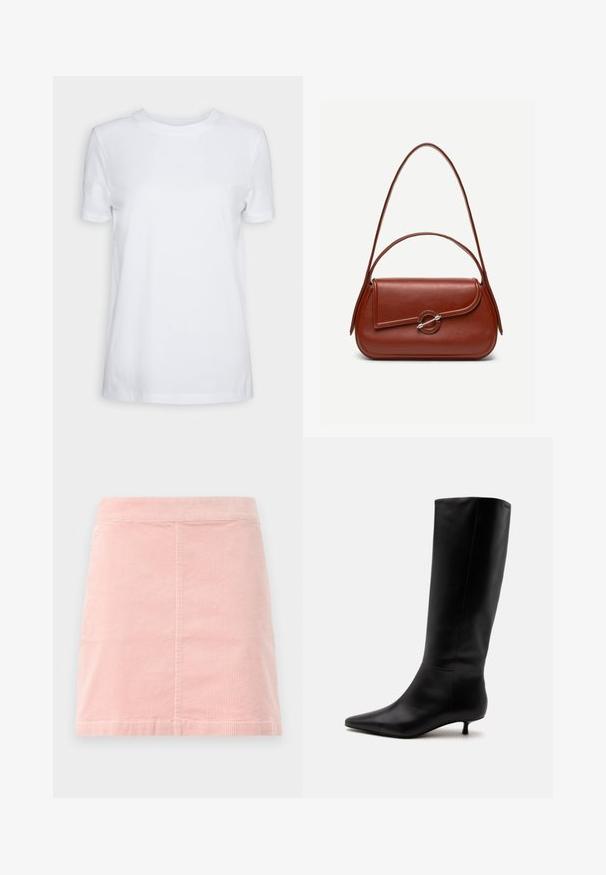 Simpel hvid T-shirt med korte ærmer og rund hals, normal pasform og et lille indvendigt mærke på nakken med teksten "SELECTED FEMME."; Rosa corduroy mini nederdel med en tætsiddende talje og lodret ribbet tekstur. Den har en lige kant og har et simpelt design uden udsmykning.; Sort læder knæhøj støvle med spids snude og lav kittenhæl mod en ensfarvet lys baggrund.; Brun skuldertaske i læder med afrundet rektangulær form, asymmetrisk klap, sølvfarvet rund lukning og to tynde stropper.