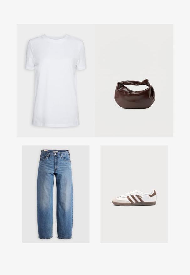 Camiseta blanca lisa de manga corta con cuello redondo, ajuste regular y una pequeña etiqueta interior en el cuello que dice "SELECTED FEMME."; Jeans de pierna recta de un azul claro, hechos de denim. Presentan un diseño clásico de cinco bolsillos y un ligero desvanecimiento a lo largo de las piernas.; Zapatilla blanca Adidas Samba con rayas de ante marrón y lengüeta en el talón, puntera beige y suela de goma sobre fondo liso.; Bolso de hombro de cuero marrón oscuro con una forma suave y caída, y un asa con nudo torcido sobre un fondo blanco liso.