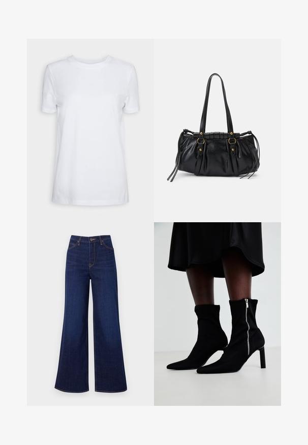 Camiseta blanca lisa de manga corta con cuello redondo, ajuste regular y una pequeña etiqueta interior en el cuello que dice "SELECTED FEMME."; Jeans de pierna ancha de un azul oscuro, hechos de denim, con una cintura alta, diseño de cinco bolsillos y costuras naranjas contrastantes a lo largo de las costuras.; Botas negras hasta el tobillo con un cuerpo de tela elástica, punta afilada y cierre lateral de cremallera, sobre un tacón fino y alto.; Bolso de mano de cuero negro con forma redondeada, asas dobles, acentos de hardware decorativo y detalles de lazo en los laterales. Textura lisa y brillante.