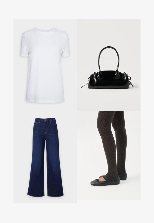 Camiseta blanca lisa de manga corta con cuello redondo, ajuste regular y una pequeña etiqueta interior en el cuello que dice "SELECTED FEMME."; Jeans de pierna ancha de un azul oscuro, hechos de denim, con una cintura alta, diseño de cinco bolsillos y costuras naranjas contrastantes a lo largo de las costuras.; Piernas con leggings oscuros acanalados combinados con bailarinas negras que presentan pequeños detalles de lazo sobre un fondo blanco.; Pequeño bolso negro brillante con dos asas largas y detalles de cordón lateral sobre un fondo claro liso.