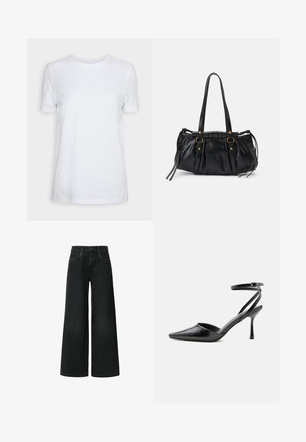 Camiseta blanca lisa de manga corta con cuello redondo, ajuste regular y una pequeña etiqueta interior en el cuello que dice "SELECTED FEMME."; Vaqueros negros de pierna ancha, confeccionados en mezclilla, con un diseño clásico de cinco bolsillos y remaches decorativos cerca de los bolsillos delanteros.; Zapato de tacón alto negro de punta fina con delgadas correas en el tobillo y cierre de hebilla plateada sobre un fondo liso claro.; Bolso de mano de cuero negro con forma redondeada, asas dobles, acentos de hardware decorativo y detalles de lazo en los laterales. Textura lisa y brillante.