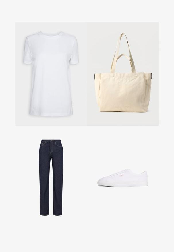 T-shirt blanc uni à manches courtes, col rond, coupe régulière, avec une petite étiquette à l’intérieur du col indiquant "SELECTED FEMME."; Jean denim bleu foncé à coupe droite, avec poches avant, passants de ceinture et fermeture par bouton à la taille.; Baskets blanches basses à fermeture à lacets avec petit logo rouge, blanc et bleu sur le côté, semelle plate en caoutchouc.; Sac fourre-tout en toile beige avec deux paires de poignées, design simple, et marquage discret en relief "SAMSOE SAMSOE" sur le devant.