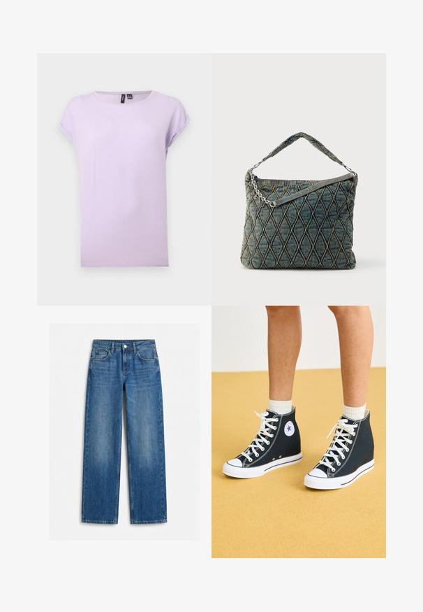 Lilla T-shirt med korte ærmer, rund halsudskæring og opkrogede ærmekanter, vist mod en ensfarvet hvid baggrund.; Blå jeans med lige ben, forlommer, bæltestropper og knaplukning, vist fladt på hvid baggrund.; Høje sneakers i mørkeblåt kanvas med hvide gummisåler, snørebånd og detaljer. Har et rundt logo og hvide syninger.; Quiltet denim skuldertaske i mørkeblå med kædehåndtag og diskret diamantmønster med kontrastsyninger.
