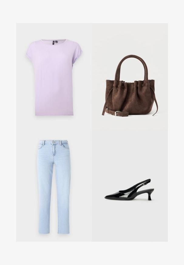 Lilla T-shirt med korte ærmer, rund halsudskæring og opkrogede ærmekanter, vist mod en ensfarvet hvid baggrund.; Lyseblå lige ben jeans lavet af denim, med en standard talje, fem lommer og subtile sømdetaljer.; Sorte patenterede slingback-sko med spidse tæer og lav blokhæl. Justerbar spænde-rem ved anklen.; Brun ruskind håndtaske med sammensyet top, dobbelte håndtag og aftagelig rem med sølvspænde, vist mod en ensfarvet baggrund.