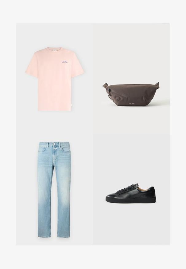 T-shirt rose clair à manches courtes et col rond avec un petit logo bleu « Les Deux » brodé sur le côté gauche de la poitrine.; Jean en denim bleu clair avec une coupe droite, doté d'un design classique à cinq poches et d'une fermeture à bouton.; Baskets en cuir noir avec une texture lisse, bout rond et fermeture à lacets. Comprend une semelle en caoutchouc épaisse et un minimum de détails de marque.; Sac banane en tissu marron foncé avec poche zippée en diagonale et petit logo blanc sur le devant, sur un fond clair uni.