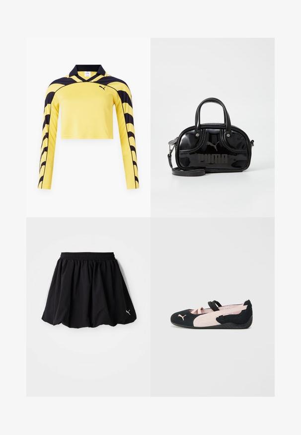 Jersey jaune à manches longues raccourcies avec des accents noirs, un col polo et une surface texturée présentant un motif de rayures dynamiques. Logo Puma inclus.; Jupe de sport noire avec une taille élastique, ornée de panneaux blancs sur les côtés et d'un petit logo au bas. Fabriquée en tissu léger.; Ballerines en suède noir et rose clair avec des sangles élastiques, un bout arrondi et une semelle en caoutchouc texturée, arborant un petit logo à l'avant.; Sac à main en cuir verni noir avec des poignées supérieures doubles, une bandoulière amovible, une forme arrondie et un logo "PUMA" en relief bien visible.