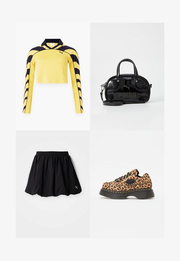 Geel kort-jack met lange mouwen van jersey met zwarte accenten, een polo kraag en een gestructureerd oppervlak met een dynamisch streepjespatroon. Puma-logo inbegrepen.; Zwarte sportrok met een elastische tailleband, voorzien van zijpanelen in het wit en een klein logo op de zoom. Gemaakt van lichtgewicht stof.; Panterprint platform sneakers met zwarte veters, textuurmateriaal en gele stikdetails op een dikke zwarte rubberen zool.; Zwarte lakleren handtas met dubbele handvatten aan de bovenkant, afneembare schouderriem, ronde vorm en opvallend gegraveerd "PUMA" logo.
