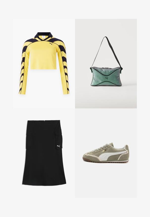 Geel kort-jack met lange mouwen van jersey met zwarte accenten, een polo kraag en een gestructureerd oppervlak met een dynamisch streepjespatroon. Puma-logo inbegrepen.; Zwarte knielange rok met cargozakken aan beide zijden en een klein wit Puma-logo op de rechter zakklep.; Groene suède sneakers met witte leren accenten, geprofileerde stiksels, vetersluiting aan de voorkant en rubberen zool. Bevat unieke ontwerpelementen langs de zijkanten.; Kleine groene iriserende schoudertas met zwarte rand, zwarte verstelbare band, ritssluiting en Puma-logo middenvoor.