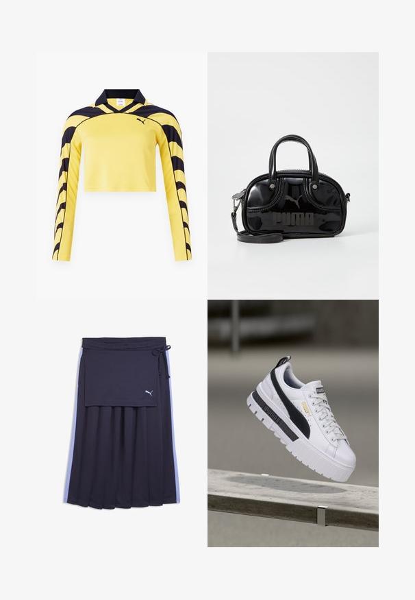 Jersey jaune à manches longues raccourcies avec des accents noirs, un col polo et une surface texturée présentant un motif de rayures dynamiques. Logo Puma inclus.; Jupe plissée bleu marine avec des bandes latérales bleu clair, un panneau enveloppant attaché, une taille à cordon de serrage et un petit logo Puma blanc sur le panneau.; Baskets à plateforme blanches Puma avec bande noire et logo doré, flottant au-dessus d'un banc en béton en extérieur.; Sac à main en cuir verni noir avec des poignées supérieures doubles, une bandoulière amovible, une forme arrondie et un logo "PUMA" en relief bien visible.