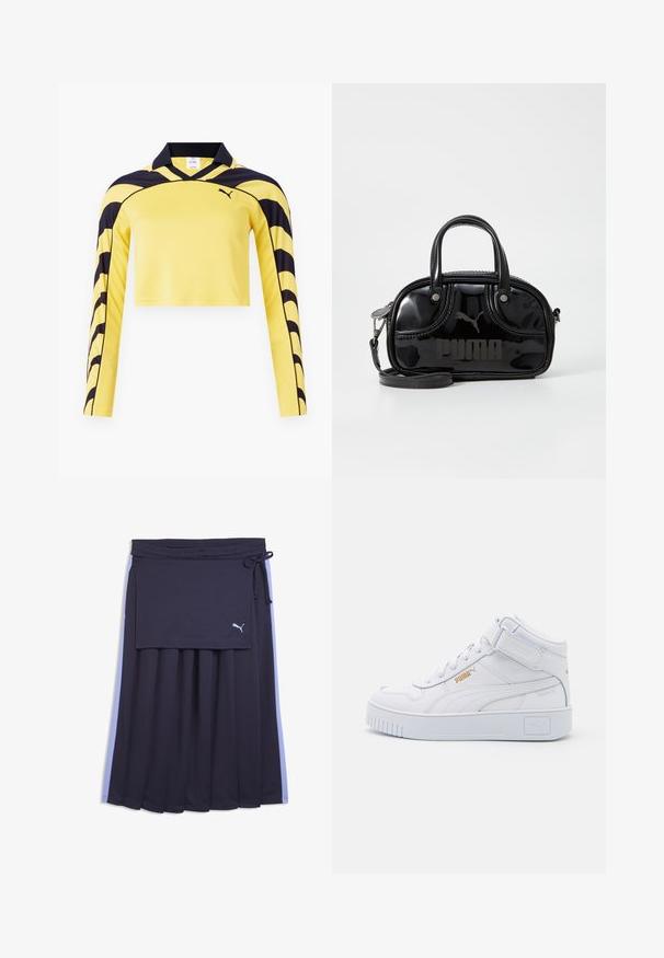 Gul, cropped langærmet trøje med sorte accenter, pæn krave og en tekstureret overflade med et dynamisk stribe mønster. Puma-logo inkluderet.; Marineblå plisseret nederdel med lyseblå sidelister, et fastsyet omslagsstykke, snøre i taljen og lille hvid Puma-logo på stykket.; Hvide høj-top sneakers med en glat læderoverdel, flade snørebånd, polstret krave og en struktureret gummisål med logo accenter.; Sort lakeret håndtaske med dobbelte top-håndtag, aftagelig skulderrem, rund form og et fremtrædende præget "PUMA"-logo.