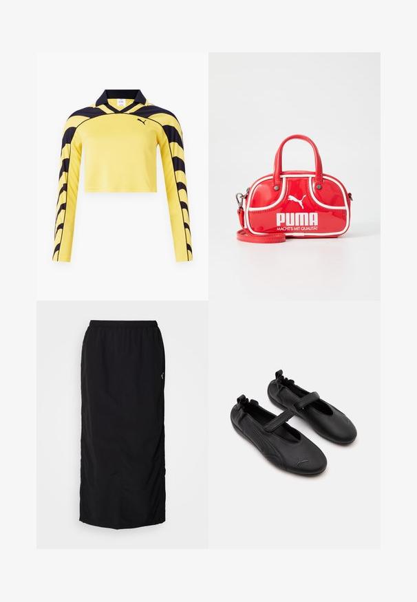 Gul, cropped langærmet trøje med sorte accenter, pæn krave og en tekstureret overflade med et dynamisk stribe mønster. Puma-logo inkluderet.; Sort atletisk nederdel med elastisk talje, der har sideskaller for nem bevægelse og minimal mærkning på højre side.; Par sorte læder Mary Jane-stil sko med elastisk bagpå og velcrolukning, med en diskret Puma-logo på hver tå.; Rød lakeret mini håndtaske med hvide accenter, rund form, dobbelte håndtag, aftagelig skulderrem og fremtrædende PUMA-logo.
