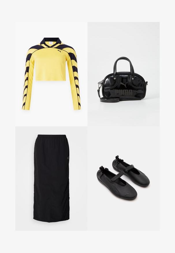 Kollane lühikeste varrukatega jersy mustade aktsentidega, polo kaelusega ja tekstuurse pinnaga, millel on dünaamiline triibumuster. Sisaldab Puma logo.; Must mustrik, millel on elastne vöökoht, külgedel on lõhikud liikumisvabaduse tagamiseks ja paremal küljel minimaalne brändingudetail.; Mustad nahast Mary Jane stiilis kingad, elastse tagaküljega ja takjakinnitusega rihmaga, igas varbatoes peene Puma logoga.; Must mustaga nahk käekott, millel on kaks ülemist sangad, eemaldatav õlavarre rihm, ümar kuju ning silmapaistvalt reljeefne "PUMA" logo.