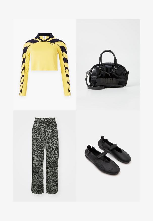 Gelbes, kurz geschnittenes Langarm-Jersey mit schwarzen Akzenten, einem Polokragen und einer strukturierten Oberfläche mit einem dynamischen Streifenmuster. Puma-Logo enthalten.; Leopardmuster-Hosen in Grautönen mit lockerer Passform, elastischem Bund und schwarzen Seitendetails für zusätzlichen Kontrast.; Paar schwarze Leder Mary Jane-Schuhe mit elastischem Fersenbereich und Klettverschluss, mit einem dezenten Puma-Logo auf jeder Zehe.; Schwarze Lacklederhandtasche mit doppelten Griffen oben, abnehmbarem Schulterriemen, runder Form und hervorgehobenem geprägten "PUMA"-Logo.