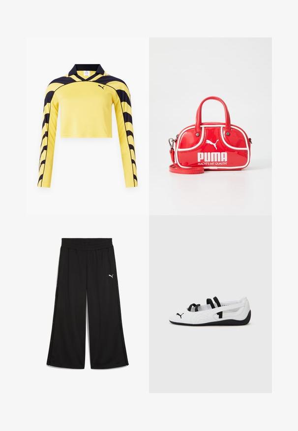 Kollane lühikeste varrukatega jersy mustade aktsentidega, polo kaelusega ja tekstuurse pinnaga, millel on dünaamiline triibumuster. Sisaldab Puma logo.; Mustad spordipüksid elastse vöökoha, külgede nööbid ja ees valge Puma logo. Valmistatud kergest kangast.; Valged sportlikud kingad mustade aktsentidega, ümarate varvaste, elastsete rihmade ja tekstuuriga kummist tallaga. Esiküljel Puma logo.; Punane lakknahk mini käekott valgete aktsentidega, ümmargune kuju, kahekordne sang, eemaldatav õlavarre rihm ja silmapaistev PUMA logo.