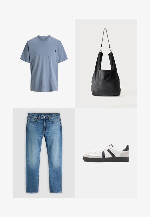T-shirt en coton bleu avec col rond et manches courtes. Doté d'une poche plaquée sur la poitrine gauche et d'une finition texturée.; Jean en denim bleu clair avec une coupe droite, style traditionnel à cinq poches et décoloration subtile. Comprend une fermeture par bouton et des passants pour ceinture.; Baskets blanches avec des accents noirs et gris, présentant un embout texturé gris, une semelle en caoutchouc noir et des lacets plats blancs. Design épuré, style minimaliste.; Sac fourre-tout en tissu noir doux avec de larges anses et une fine bandoulière tressée noire et blanche.