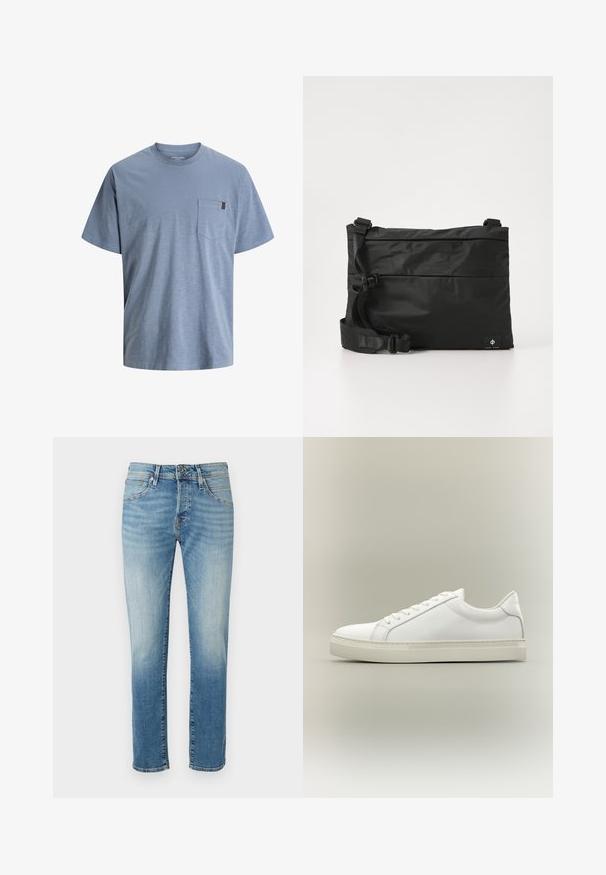 Blauw katoenen T-shirt met een ronde hals en korte mouwen. Voorzien van een zakje op de linkerborst en een gestructureerde afwerking.; Lichtblauwe denim jeans met vervaagde secties, rechte snit, vijf-pocket ontwerp en een eenvoudige metalen knoopsluiting bij de taille.; Witte lage sneaker met veters aan de voorkant en dikke zool, zijaanzicht tegen een neutrale achtergrond.; Zwarte nylon boodschappentas met verstelbare riem, plat ontwerp en een zijlabel met een logo. Soepele textuur en minimalistische stijl.