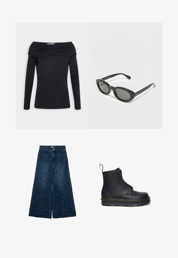 Notes du Nord MELANIE OFF SHOULDER - Langærmet T-shirt - noir; Bredde denimbukser i mørkeblå vask med to forlommer, en enkelt guldknaplukning og syede detaljer ved kanten.; Sort læder ankelstøvle med elastiske sidepaneler, rund tå, kontrasterende gul syning og en kraftig gummisål.; Sorte ovale solbriller med tykke stel og mørke tonede brilleglas, der ligger på en lys overflade.