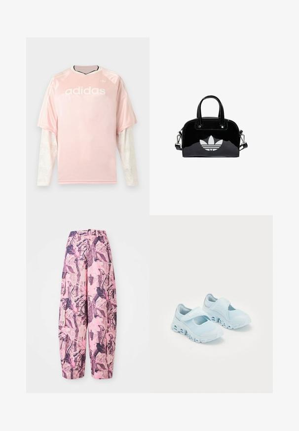 Lyserød Adidas langærmet trøje med hvide mønstrede mesh-ærmer og Adidas-logo på brystet mod en grå baggrund.; Lyserøde og lilla mønstrede vide bukser har et blad- og grenmønster, med høj talje og sidelommer for ekstra funktionalitet.; Lyseblå sneakers med mesh-stof, fremtrædende udskæringer i sålen og en velcro-rem på toppen for sikker pasform.; Sort patentlæder håndtaske med rund form, to top-håndtag, sølvdetaljer og en fremtrædende hvid logo på fronten.