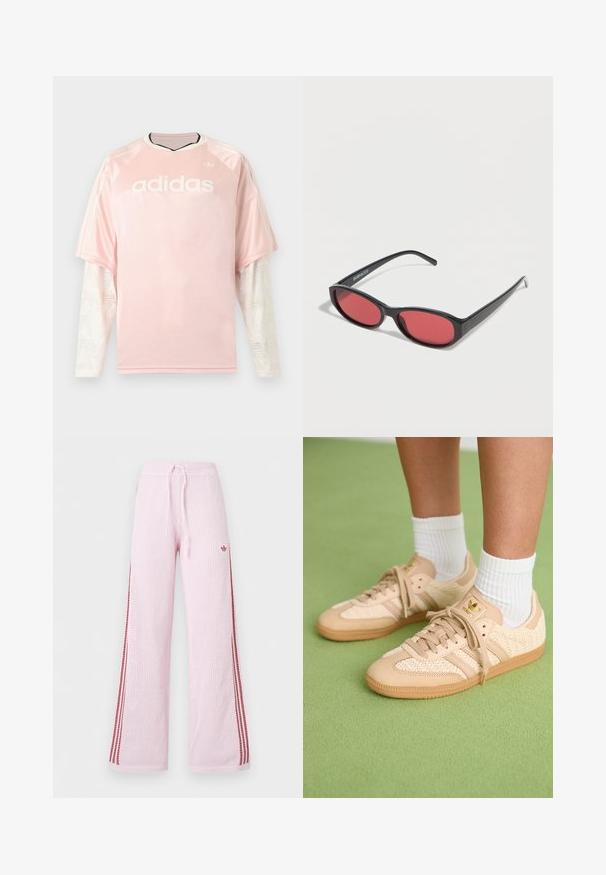Lyserød Adidas langærmet trøje med hvide mønstrede mesh-ærmer og Adidas-logo på brystet mod en grå baggrund.; Lyserøde strikkede vidde bukser med røde sidelister, snøre i taljen og lille logo på øverste lår.; Fødder iført beige vævede Adidas sneakers med gummisåler og hvide ankelsokker på en grøn struktureret gulv.; Sorte ovale solbriller med tynde arme og rødtonede linser, der ligger på en hvid overflade.
