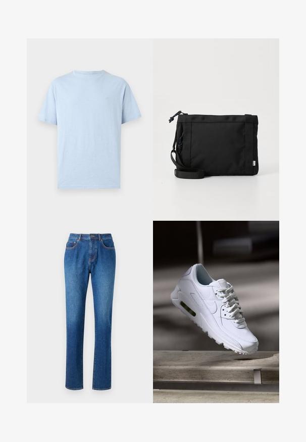 Camiseta azul claro de manga corta y cuello redondo con un pequeño logo bordado en el pecho izquierdo, mostrada sobre un fondo sencillo.; Jeans de mezclilla azul con corte recto, cinco bolsillos, cinturilla con pasadores para cinturón y costuras contrastantes a lo largo de las costuras.; Zapatilla blanca de piel con superficies texturizadas, cuello acolchado y amortiguación de aire visible en la suela. Presenta cordones y un diseño minimalista.; Bolsa de hombro de tela negra con exterior texturizado, correa ajustable y cierre de cordón. Presenta costuras llamativas y una etiqueta lateral.