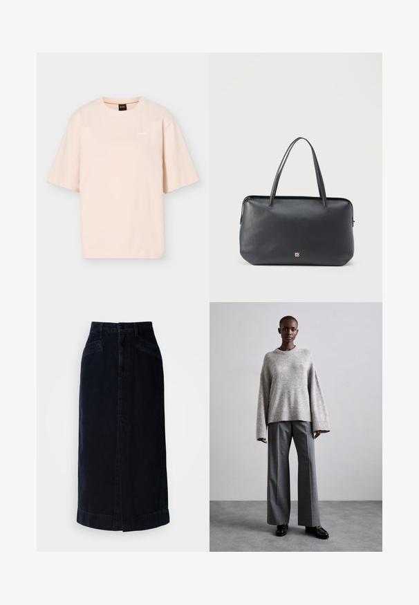Lys beige T-shirt med korte ærmer og rund hals, med lille hvid "BOSS"-logo på venstre bryst og sort nakkemærke med orange detalje.; Mørk denim midi nederdel med høj talje, frontknaplukning og sidelommer; har en lige skæring og en subtil kantdetalje.; Grå strikket sweater med brede ærmer og ribbet kant, parret med høj-taljede grå bukser med et subtilt ternet mønster og sorte loafers.; Sort rektangulær læderhåndtaske med to håndtag og lille gyldent logo i midten foran på lys baggrund.