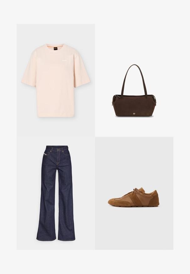 Lichtbeige T-shirt met korte mouwen en ronde hals, met een klein wit "BOSS"-logo op de linkerborst en een zwart neklabel met oranje detail.; Donkerblauwe wijde jeans van denimstof met een hoge taille, voorzien van oranje stiksels, een vijf-pocket ontwerp en een knoopsluiting.; Bruine leren en suède casual schoen met veters, laag profiel en rubberen zool, zijaanzicht tegen een effen achtergrond.; Donkerbruine rechthoekige schoudertas met twee lange hengsels en een subtiel klein metalen logo aan de voorkant in het midden.