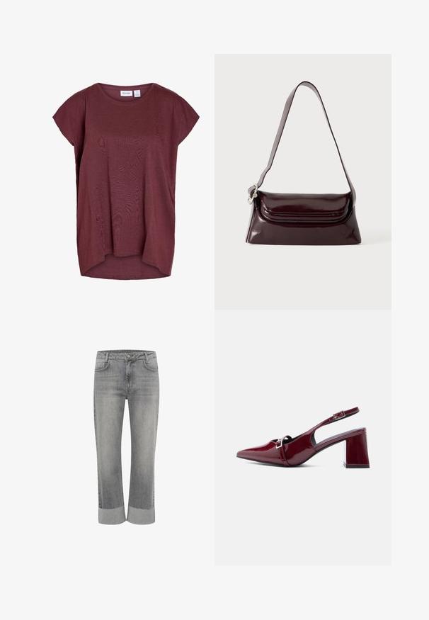 Kortærmet løstsiddende top i mørkerød med rund halsudskæring og let længere bagkant.; Grå denim jeans med lige ben, med foldet kant. Klassisk fem-lommestil og lukning med knap foran.; Pikformet burgundy lak-læder slingback sko med mellemhøj blokhæl og justerbar spænde over toppen.; Mørk bordeaux skuldertaske i læder med klaplukning og en tynd justerbar rem, vist på en ensfarvet lys baggrund.