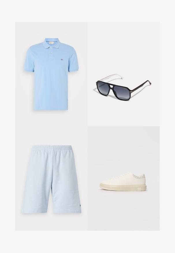 Polo de color azul claro hecho de algodón, con un collar clásico, tapeta de dos botones y un pequeño logo bordado en el pecho.; Pantalones cortos de algodón azul claro con cinturilla elástica. Presenta un diseño simple y sólido con dobladillo abierto. Acento del logo en el dobladillo inferior.; Zapatilla blanca con una parte superior de lona suave, cordones planos, collar acolchado y un acento gris texturizado en la parte trasera. Suela de goma gruesa.; Gafas de sol negras de gran tamaño con lentes gris degradado, diseño angular, acentos dorados en la montura y brazos de color blanco y rojo con patrón.