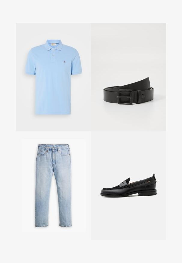 Lyseblå polo-shirt lavet af bomuld, med klassisk krave, to-knaps placket og et lille broderet logo på brystet.; Lysblå denimjeans med lige bendesign, fem lomme stil og kontrastsyet. Knap- og lynlåslukning i taljen.; Sort læderloafer med grå remdetalje, lav hæl og tekstureret sål, mærket med "HUGO" i guld på siden.; Sorte læderbælte med en rektangulær metalspænde. Har en glat overflade og minimalistisk design, ruller let ved enden.