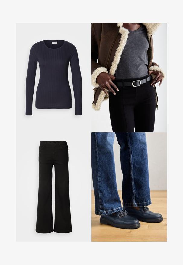 Top de manga larga de canalé en color navy con cuello redondo. Hecho de una tela suave, presenta un diseño ajustado y una textura sutil en toda su superficie.; Pantalones de pierna ancha negros hechos de tela de mezclilla, que cuentan con bolsillos frontales, cierre de botón y una textura suave con un acabado limpio.; Zapatos de cuero azul marino con suela gruesa y detalle de cadena en la parte superior, combinados con unos vaqueros de mezclilla oscura de corte holgado.; Chaqueta de piel sintética marrón forrada de borrego, camiseta gris de cuello en V, cinturón negro con hebilla ovalada de plata, jeans negros ajustados, materiales texturizados y diseño en capas.