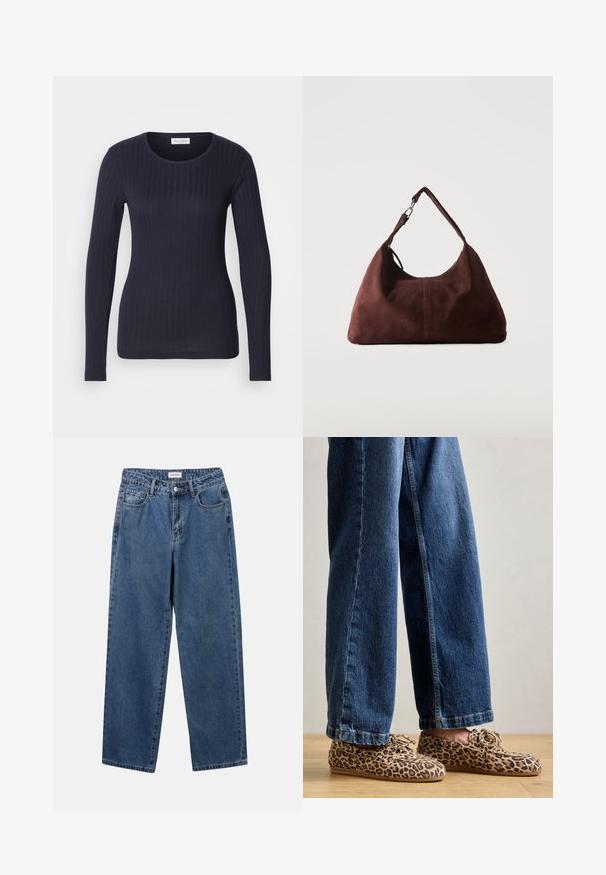 Haut à manches longues côtelé bleu marine avec un col rond. Fabriqué en tissu doux, il présente une coupe ajustée et une texture subtile sur l'ensemble.; Jean en denim bleu classique avec une coupe droite, cinq poches et une fermeture par bouton. Présente un lavage moyen et une texture robuste.; Mocassins en daim à imprimé léopard, avec un bout rond, un laçage, et des semelles plates et flexibles, associés à un jean en denim bleu.; Sac bandoulière en daim marron doux avec une seule lanière et des accessoires métalliques argentés sur un fond clair uni.