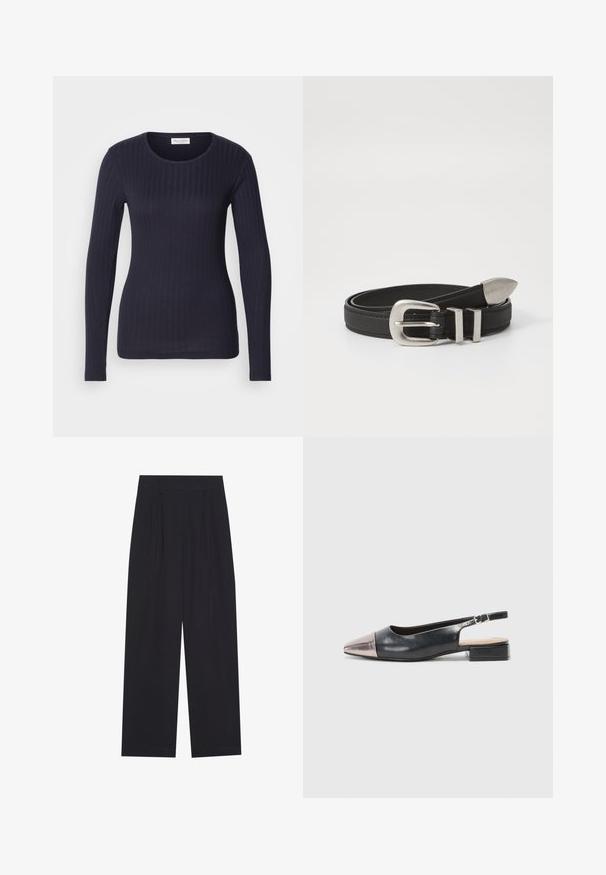 Top de manga larga de canalé en color navy con cuello redondo. Hecho de una tela suave, presenta un diseño ajustado y una textura sutil en toda su superficie.; Pantalones anchos negros de tela suave, con pliegues, cinturilla plana y sin bolsillos ni adornos visibles.; Zapatos tipo slingback con parte superior de cuero negro, puntera metálica en oro rosa y tacón bajo en bloque. Textura suave con un diseño curvado.; Cinturón de cuero negro con hebilla de metal plateado y acentos de doble lazo, que presenta un acabado texturizado y un extremo cónico para un ajuste seguro.