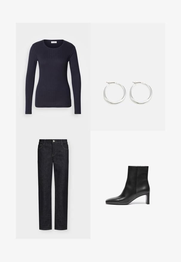 Marineblauer Langarm-Rippoberteil mit Rundhalsausschnitt. Aus weichem Stoff gefertigt, zeichnet es sich durch ein tailliertes Design und eine subtile Textur aus.; Schwarze Jeans mit geradem Bein, Vordertaschen, Gürtelschlaufen und Knopfverschluss auf einfarbigem Hintergrund.; Schwarze Lederstiefelette mit spitzer Schuhspitze, schmalem Absatz und glatter Textur; verfügt über einen Reißverschluss an der Seite.; Silberne Creolen zeichnen sich durch ein glattes, rundes Design mit einem schlanken Profil und einem sicheren Verschluss aus. Minimalistischer Stil mit glänzender Oberfläche.