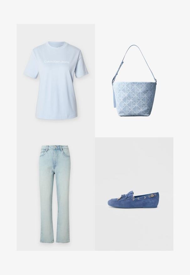 T-shirt en coton bleu clair avec manches courtes et col rond, arborant le logo "Calvin Klein Jeans" en blanc de manière bien visible.; Jean bleu clair taille haute à jambes droites avec bouton avant, passants de ceinture et design classique à cinq poches sur fond uni.; Mocassin en daim bleu avec un bout arrondi, accent nœud, et œillets dorés ornés d'un logo décoratif sur le talon.; Sac à main style seau bleu clair avec bandoulière ajustable et motif géométrique texturé sur la surface du tissu.