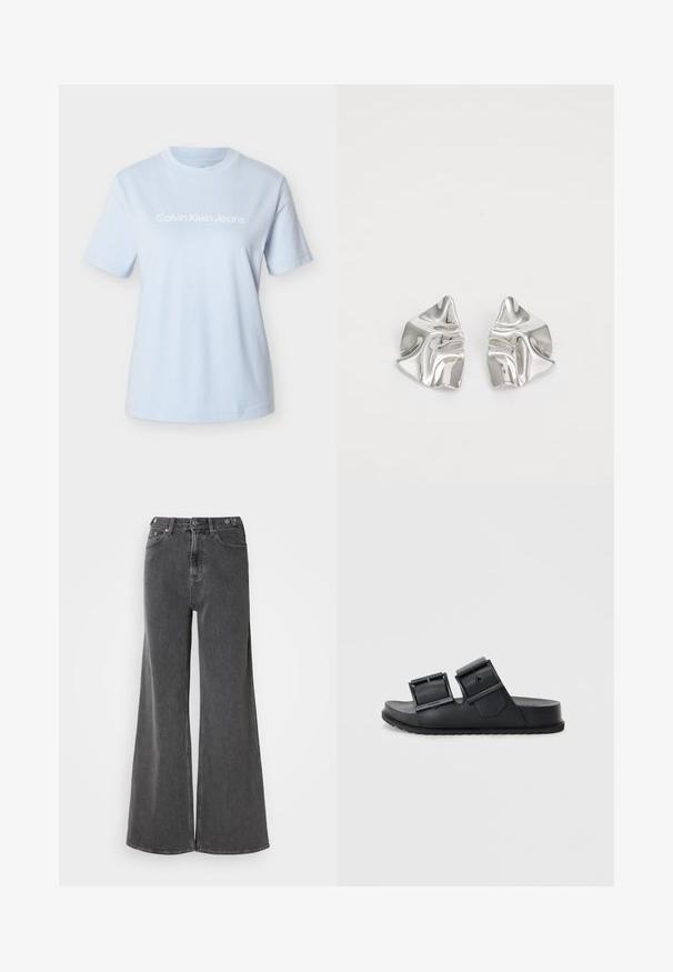 Camiseta de algodón azul claro con mangas cortas y cuello redondo, con el logo "Calvin Klein Jeans" destacado en blanco.; Vaqueros de pierna ancha en denim negro desgastado, con una cintura alta, dos bolsillos frontales y cierres de botón metálico. Textura suave, detalles mínimos.; Sandalias de slide negras hechas de un material texturizado con dos correas ajustables que cuentan con hebillas. Suela plana con un diseño de dibujo para mayor agarre.; Pendientes de metal plateado con un diseño ondulado y escultórico, que presentan un acabado pulido y formas irregulares, destacando una estética contemporánea.