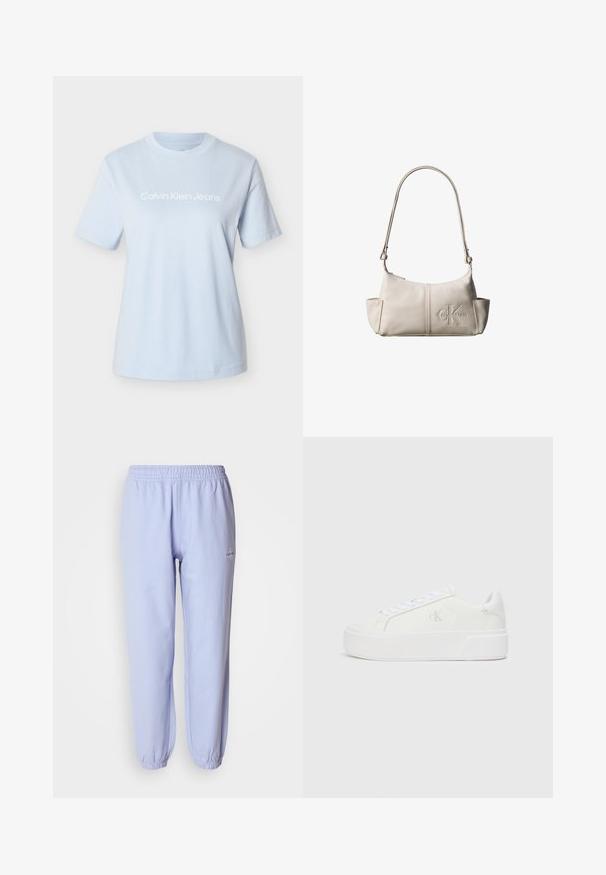 Camiseta de algodón azul claro con mangas cortas y cuello redondo, con el logo "Calvin Klein Jeans" destacado en blanco.; Pantalones de chándal de algodón azul claro con cintura elástica, tobillos ajustados y un pequeño logotipo bordado en el costado. Textura suave.; Zapatillas de plataforma blancas con parte superior de cuero suave, punta redondeada, cordones blancos y un sutil detalle de logotipo en el lateral. Suela de goma plana.; Pequeña bolsa de hombro de cuero beige con correa ajustable y logotipo de Calvin Klein en relieve en el centro delantero.
