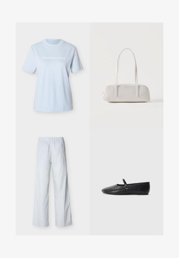 T-shirt en coton bleu clair avec manches courtes et col rond, arborant le logo "Calvin Klein Jeans" en blanc de manière bien visible.; Pantalon blanc à fines rayures verticales bleues, taille élastique, coupe droite et tissu léger pour un port décontracté.; Ballerines noires en cuir avec un bout pointu, une semelle plate et une petite sangle avec un détail de boucle en argent.; Sac d'épaule rectangulaire blanc avec des bretelles longues et fines, couture minimale, et fermeture éclair sur un fond uni.