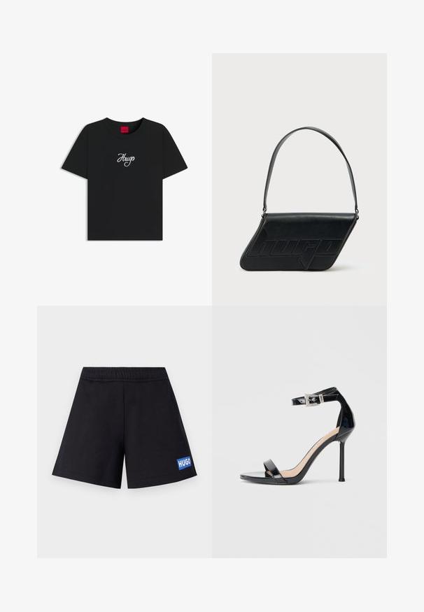 Camiseta de algodón negra con cuello redondo y mangas cortas. Destaca el logo bordado en blanco "Hugo" en el frente.; Pantalones cortos negros de corte relajado, con cintura elástica y logo azul "HUGO" en el muslo izquierdo; fabricados con material suave y transpirable.; Sandalia de tacón alto en piel sintética negra con correa en el tobillo. Presenta un diseño minimalista, punta abierta y una hebilla con detalles de pedrería.; Bolso de hombro de cuero negro con forma triangular, logo en relieve y una sola correa ajustable. Diseño minimalista con textura suave.