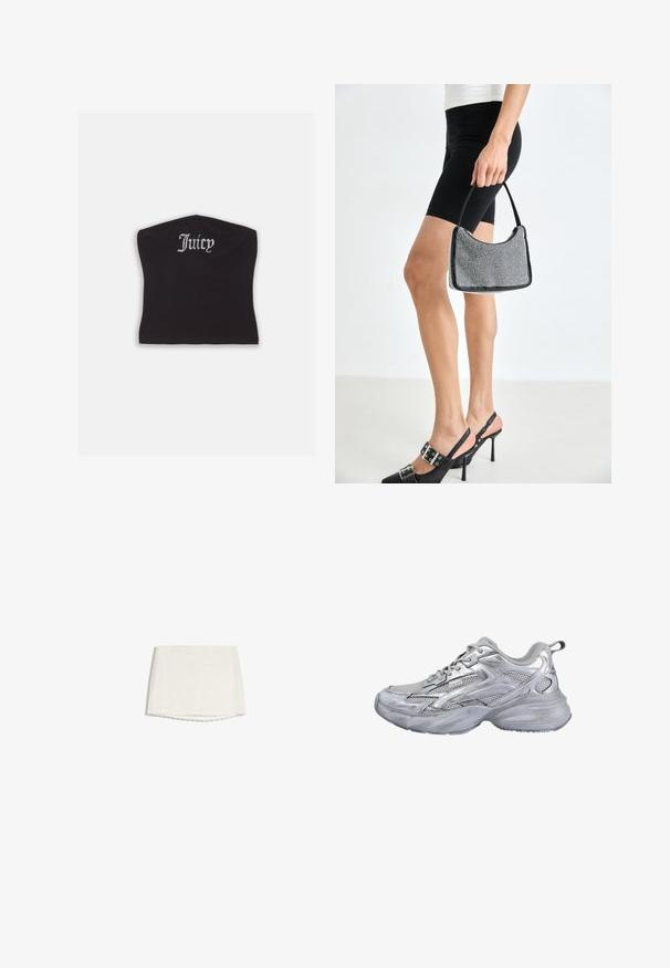 Top court noir ajusté avec une texture lisse et un décolleté arrondi, orné de lettres en strass épelant "Juicy" à l'avant.; Mini-jupe en dentelle blanche avec motif floral subtil et ourlet en forme de festons, présentée sur un fond blanc.; Baskets de sport en mesh argent et gris avec semelle épaisse et coussinée et fermeture à lacets, vues de côté extérieur sur fond blanc.; Sac à main à perles noires avec une silhouette courbée, une poignée de transport et une texture brillante. Porté avec des chaussures à talons hauts noires et un short noir ajusté.