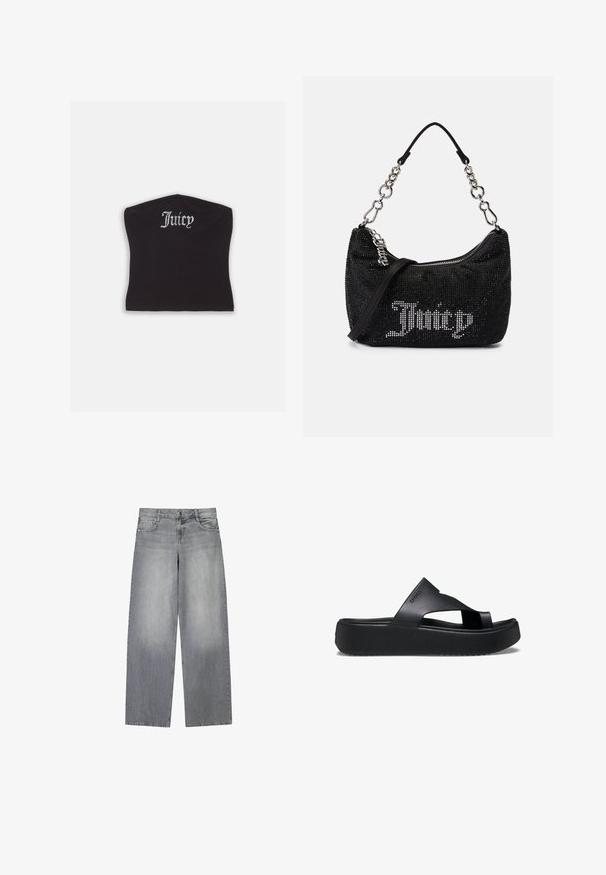 Schwarzes, eng anliegendes Crop-Top mit glatter Textur und abgerundetem Ausschnitt, verziert mit Strassbuchstaben, die "Juicy" auf der Vorderseite spell.; Graue Denim-Jeans mit weitem Bein und leicht ausgewaschenem Finish, ausgestattet mit fünf Taschen, einem frontalen Knopfverschluss und Gürtelschlaufen.; Schwarze Plattform-Flip-Flops mit einer strukturierten Gummisohle, die ein Kreuzriemen-Design und eine matte Oberfläche aufweisen. Das Markenlogo ist dezent an der Seite angebracht.; Schwarze Tasche mit Strassverzierungen, gebogener Form und silberner Kettenhandgriff. Verfügt über einen Reißverschluss und das "Juicy"-Logo in Weiß.