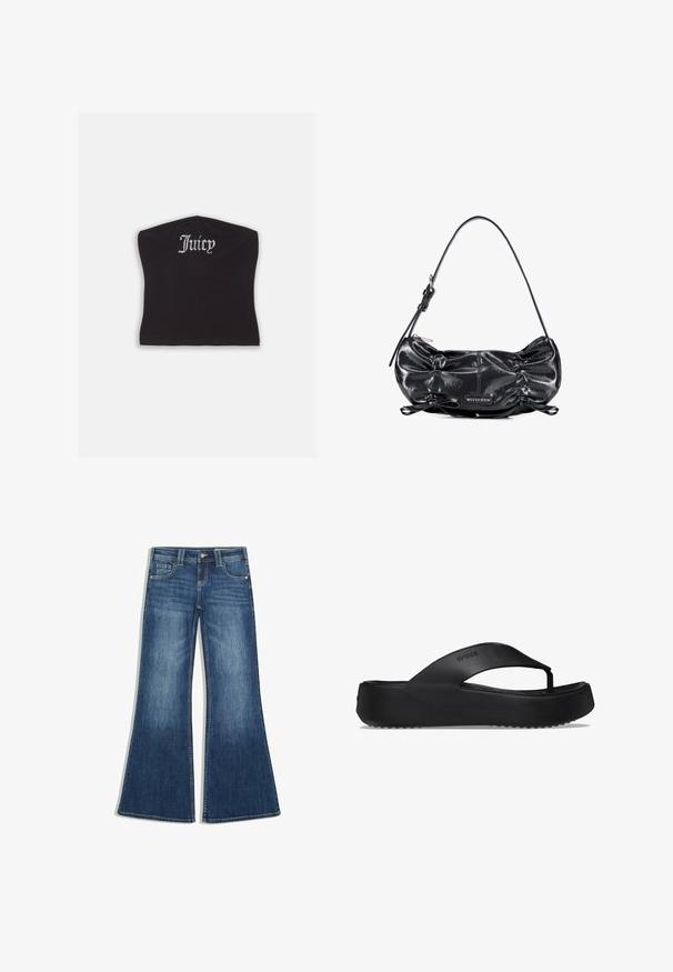 Zwarte fitted crop top met een gladde textuur en een ronde halslijn, versierd met strasstenen letters die "Juicy" op de voorkant spellen.; Blauwe spijkerbroek met uitlopende pijp, voorste knoop- en ritsluiting en een vijfzakkenontwerp op een witte achtergrond.; Zwarte flip-flop sandaal met een verhoogde zool, gemaakt van rubbermateriaal. Kenmerkt zich door een teenband en een gestructureerde voetbed voor grip.; Zwarte glanzende leren schoudertas met geplooide zijkanten, verstelbare band, ritssluiting en Wittchen merketiket aan de voorkant in het midden.