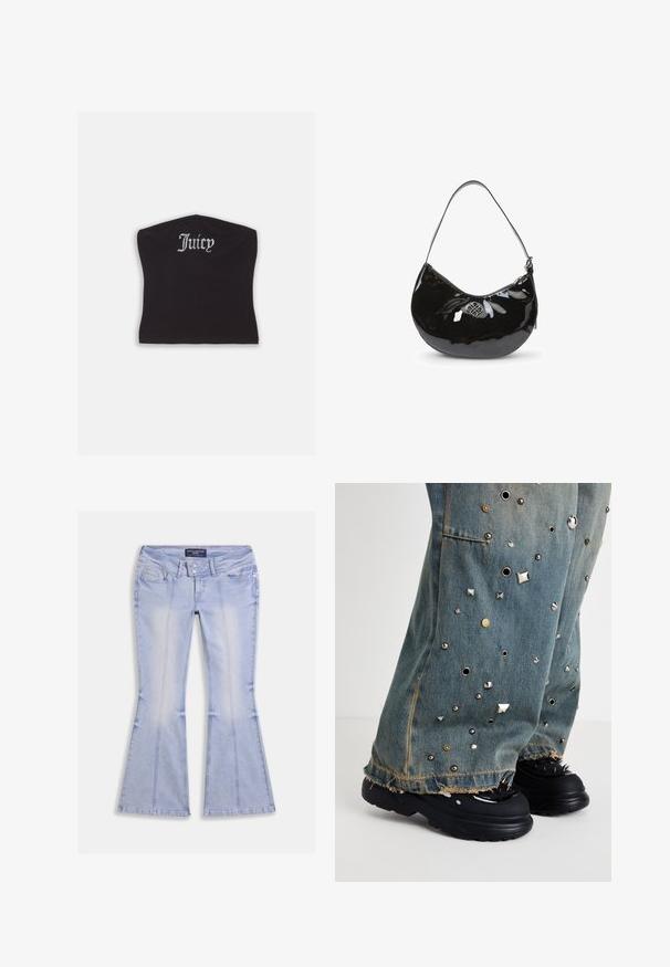 Čierny priliehavý crop top s hladkou textúrou a zakriveným výstrihom, ozdobený kamienkovým nápisom "Juicy" na prednej strane.; Svetlomodré džínsy s rozšírenými nohavicami, prednými a zadnými vreckami, dvojitým zapínaním na gombíky a viditeľným prešitím na celom povrchu.; Džínsy s rozšírenými nohavicami, s kovovými hrotmi a očkami. Roztrhnutý lem a viditeľné vrecká. Nosené s robustnými čiernymi topánkami so hrotmi.; Čierna lakovaná kožená kabelka s oblým tvarom, s jedným ramenným popruhom, zipsovým uzáverom a ozdobným metalickým logom. Hladká textúra.