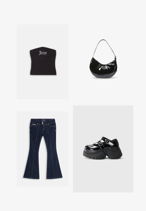 Čierny priliehavý crop top s hladkou textúrou a zakriveným výstrihom, ozdobený kamienkovým nápisom "Juicy" na prednej strane.; Tmavomodré zvonové džínsy s bielym prešívaním, prednými vreckami, pútky na opasok a dvoma striebornými gombíkmi v páse.; Čierne lakované platformové topánky s dvoma nastaviteľnými prackami, hrubou gumovou podrážkou a výrezovým dizajnom na hornej časti.; Čierna lakovaná kožená kabelka s oblým tvarom, s jedným ramenným popruhom, zipsovým uzáverom a ozdobným metalickým logom. Hladká textúra.