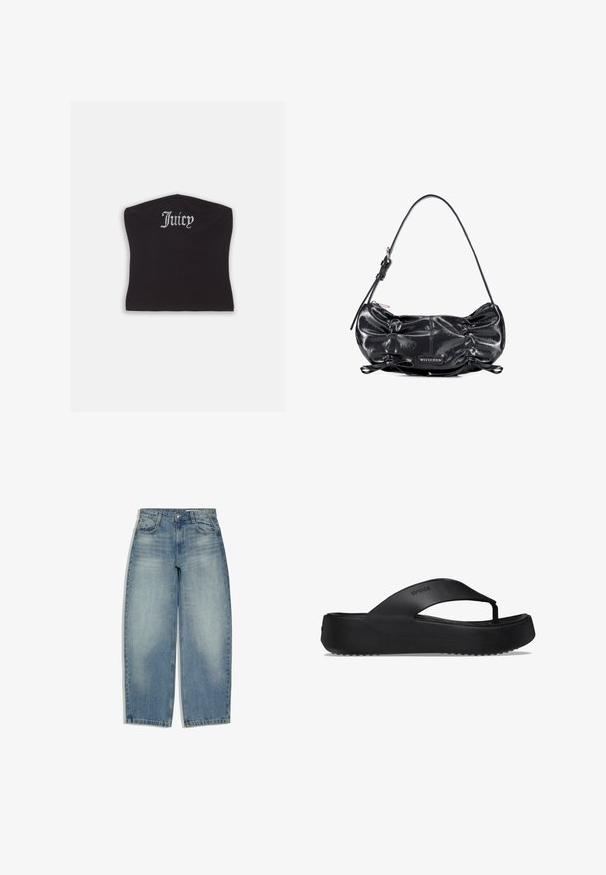 Zwarte fitted crop top met een gladde textuur en een ronde halslijn, versierd met strasstenen letters die "Juicy" op de voorkant spellen.; Lichtblauwe denim jeans met een hoge taille, wijde pijpen, voorzakken en een knoop- en ritssluiting, plat neergelegd op een witte achtergrond.; Zwarte flip-flop sandaal met een verhoogde zool, gemaakt van rubbermateriaal. Kenmerkt zich door een teenband en een gestructureerde voetbed voor grip.; Zwarte glanzende leren schoudertas met geplooide zijkanten, verstelbare band, ritssluiting en Wittchen merketiket aan de voorkant in het midden.