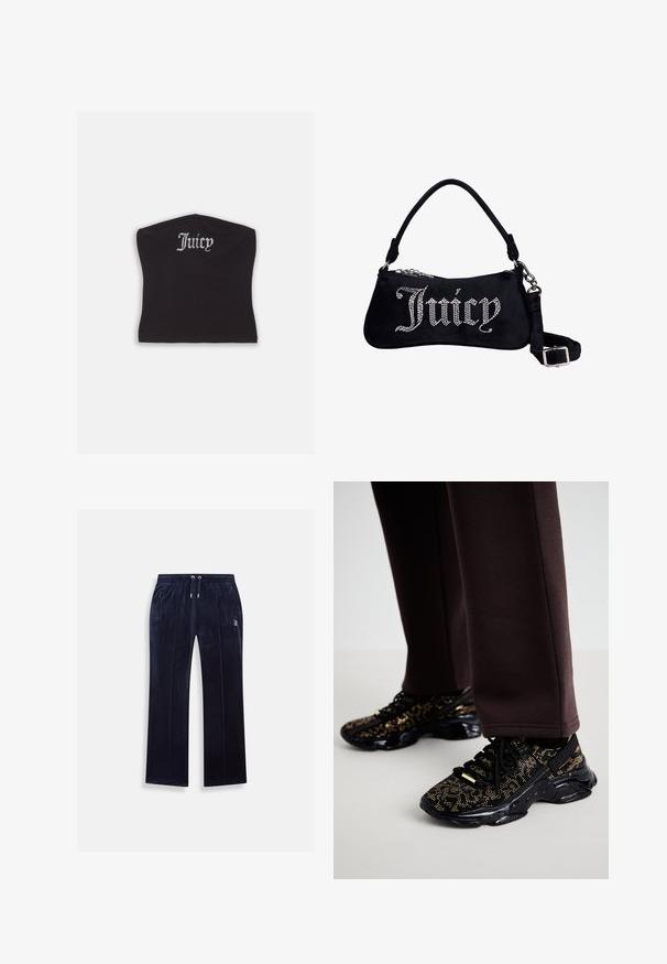 Sort tætsiddende crop top med en glat tekstur og en buet halsudskæring, udsmykket med rhinestones, der staver "Juicy" på forsiden.; Mørkeblå fløjls joggingbukser med elastisk talje, justerbar snor og to sidelommer med lynlås. Har diskret branding på benet.; Sorte sneakers med guldprikker, struktureret overflade og en kraftig sort sål. Parret med brune sweatpants, der viser et tætsiddende design.; Sort fløjl skuldertaske med "Juicy" stavet i rhinsten, med en kort håndtag og en aftagelig justerbar rem med sølvspænde.