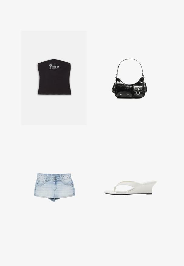 Top court noir ajusté avec une texture lisse et un décolleté arrondi, orné de lettres en strass épelant "Juicy" à l'avant.; Mini-jupe en denim bleu clair avec poches avant, fermeture par boutons, passants de ceinture et rivets métalliques ronds le long de la taille et des bords des poches.; Sandale blanche à talon compensé avec des lanières lisses et une semelle légèrement surélevée, vue de côté sur fond blanc.; Sac à main en cuir verni noir avec une forme incurvée, une bandoulière, des poches avant et des accents en métal argenté.