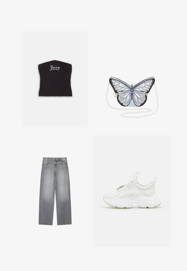Sort tætsiddende crop top med en glat tekstur og en buet halsudskæring, udsmykket med rhinestones, der staver "Juicy" på forsiden.; Bredde-grå denim jeans med en let falmet finish, der har fem lommer, lukning med knap foran og bæltestropper.; Hvide chunky sneakers lavet af læder og mesh-materialer, med en tyk sål, rund tå og dekorative snørebånd. Let teksturerede detaljer.; Sølvformet håndtaske med lyseblå krop, detaljerede hvide vinger, sorte accenter og en perle-lignende kædetræk. Lynlåslukning på siden.