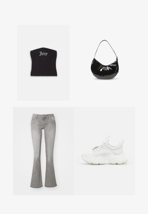 Schwarzes, eng anliegendes Crop-Top mit glatter Textur und abgerundetem Ausschnitt, verziert mit Strassbuchstaben, die "Juicy" auf der Vorderseite spell.; Graue Schlagjeans mit mittelhoher Taille, Fronttaschen und Knopfverschluss, aus Denimstoff mit glatter Textur.; Weisse, klobige Sneaker aus Leder und Netzmaterialien, mit einer dicken Sohle, abgerundeter Zehenpartie und dekorativen Schnürsenkeln. Leicht strukturierte Akzente.; Schwarze Handtasche aus lackiertem Leder mit gewölbter Form, einem einzelnen Schulterriemen, Reißverschluss und einem dekorativen Metalllogo. Glatte Oberfläche.