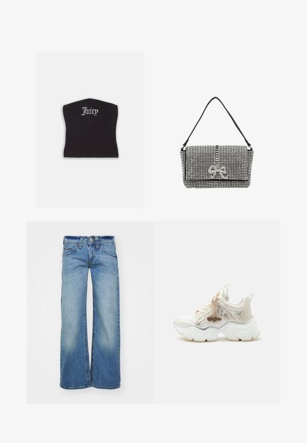 Čierny priliehavý crop top s hladkou textúrou a zakriveným výstrihom, ozdobený kamienkovým nápisom "Juicy" na prednej strane.; Svetlomodré široké džínsy z denimu, so zvyčajným umytím, piatimi vreckami a gombíkovým zapínaním s pútkami na opasok.; Biela masívna teniska s detailmi leopardieho vzoru, hrubou tvarovanou podrážkou a zlatým príveskom "Buffalo" na šnúrkach na jednoduchom svetlom pozadí.; Čierna kabelka cez rameno pokrytá striebornými kamienkami, s vertikálnym vykladaným pásikom a detailom mašle na prednej klapke.